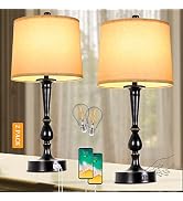 Set of 2 Table Lamps with USB Ports and Outlets, 3-Way Dimmable Bedside Lamps Touch Control, Mode...