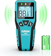 Digital laser measuring device with LCD display shown in turquoise color casing, displaying numerical measurements in various usage scenarios.