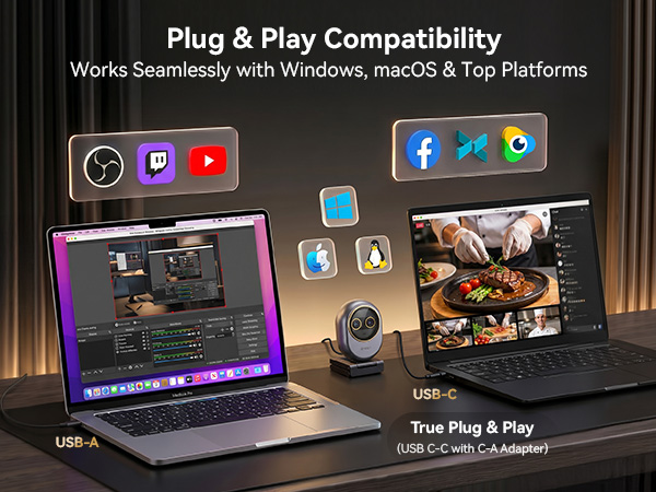 Plug-and-play on Windows and macOS, it works with Zoom, Teams, OBS camera for computer