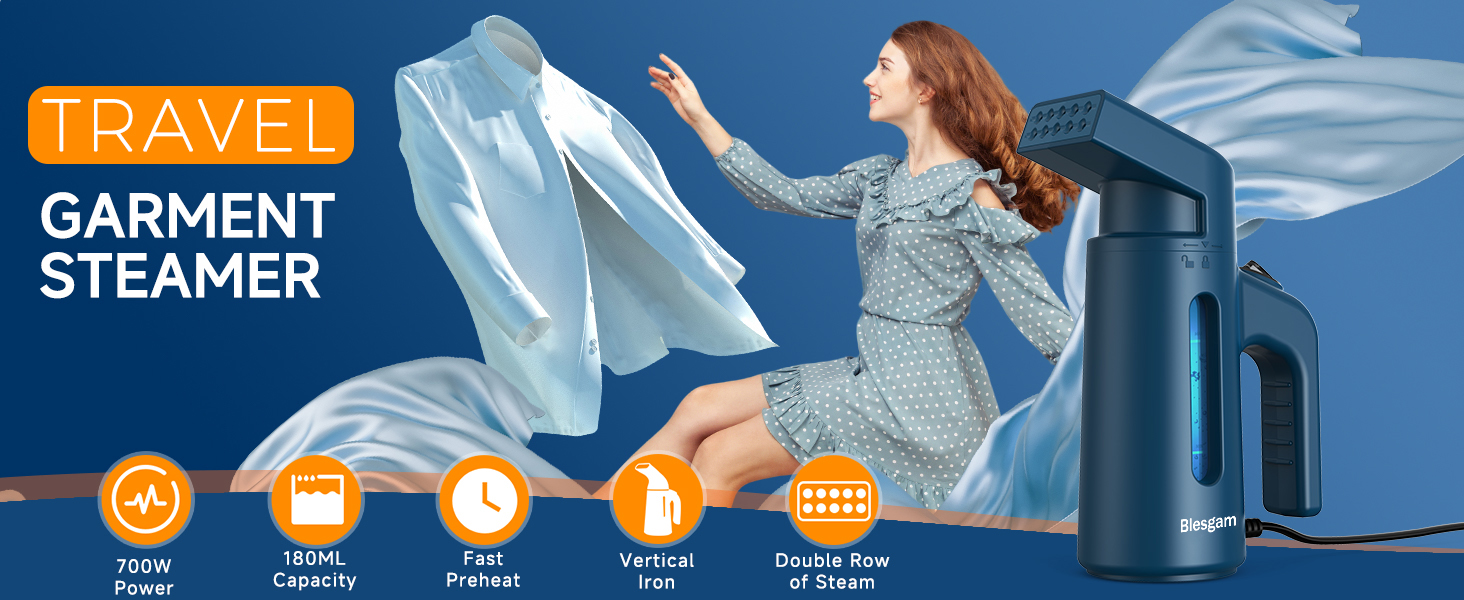 Portable and travel steamer: 700W, 40S fast preheat, 180ML Capacity Water Tank, Double Row of Steam