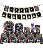 202pcs Video Game Themed Birthday Decoration Set - Includes Plates, Napkins, Cups, Popcorn Snack ...