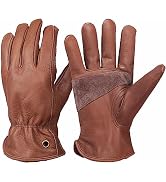 NBLEAGLO Retro Brown Cowhide Leather Work Gloves for Construction, Yardwork, Gardening with Reinf...