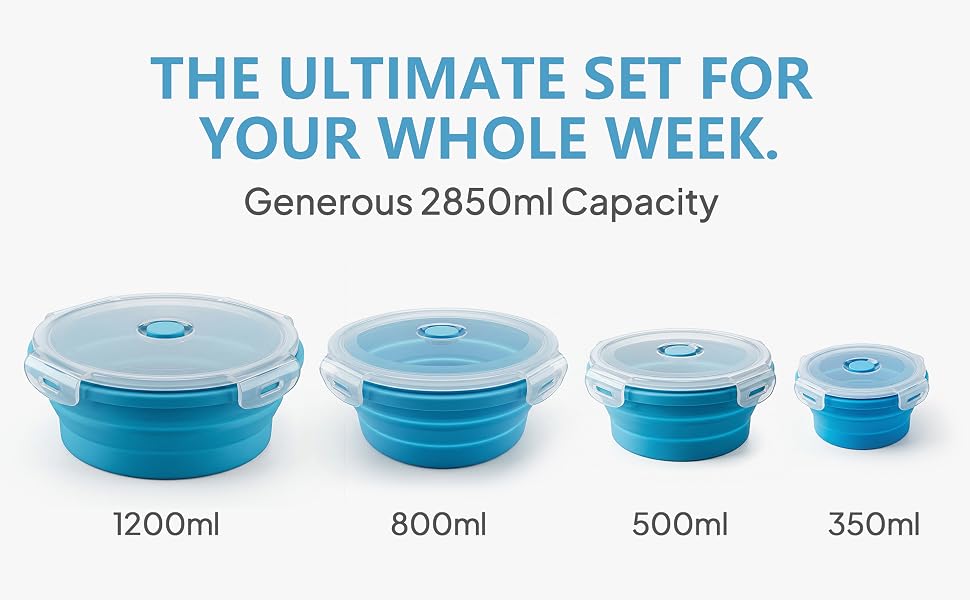 4-piece blue silicone collapsible food storage containers in 1200ml, 800ml, 500ml, and 350ml sizes.