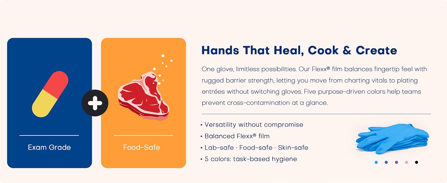 Exam grade and food safe gloves multi color available balanced flex film