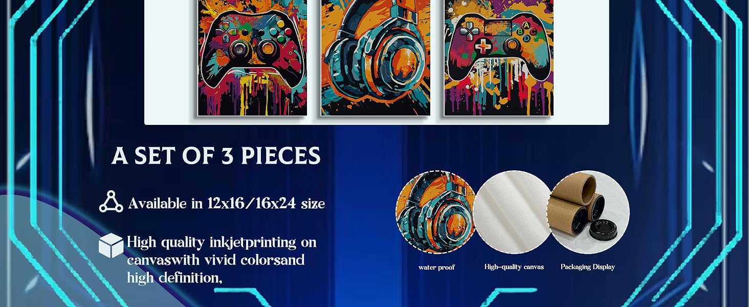 3Pcs Cool Gaming Wall Art Set, Retro Video Game Neon Gamepad Watercolor Canvas Prints for Boys Room