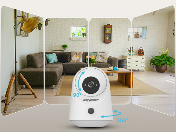 White security camera with 90° and 355° rotation indicators, shown monitoring a living room space with wide-angle view display panels.