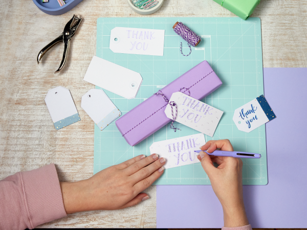 hand writing gift tags thank you teacher holiday school colorful cute aesthetic purple blue comfort