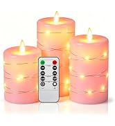 Da by 3 Pack Pink Real Wax Flameless Taper Candles, Lifelike Flickering LED Flame Candles with Su...