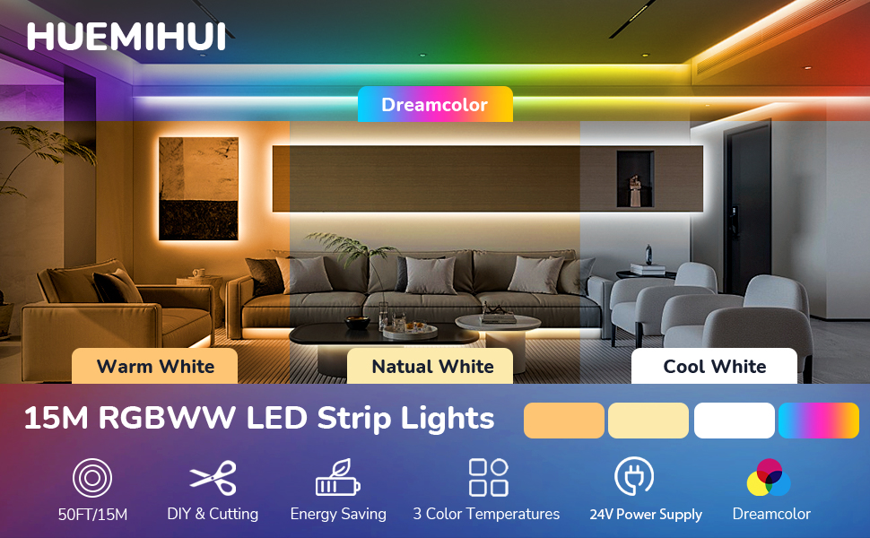 HUEMIHUI 15M RGBWW LED strip lights product display showing warm white, neutral white, and cool white color temperature options with feature icons below.
