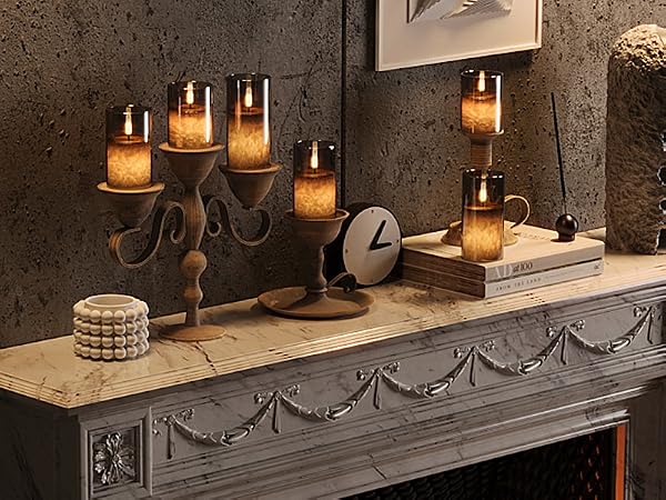 battery candles flickering on fireplace