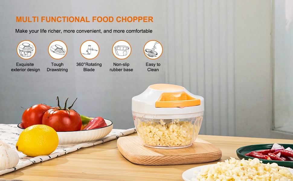 Manual Food Processor Vegetable Chopper, Portable Hand Pull String Garlic Mincer Onion Cutter
