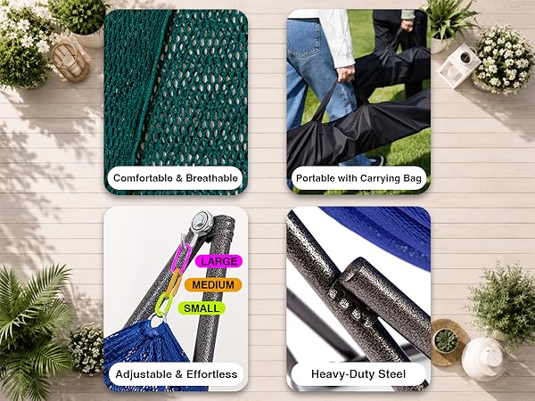 Hammock features: breathable fabric, carrying bag, adjustable height, and heavy-duty steel
