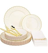 Lullaby 140PCS Elegant Disposable Dinnerware Set – 40 Ivory Scalloped Gold-Trim Plates (20 Dinner...
