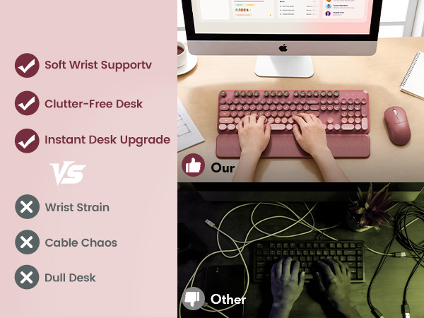 typing on wireless keyboard mouse with wrist rest clean desk setup compared to messy wired keyboard