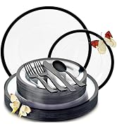 By Madee HEAVYWEIGHT 150 Pcs for 25 Guests | Clear and Black Plastic Plates and Silverware Set | ...