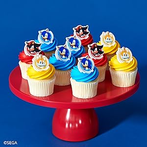 Sonic decorations on colored cupcakes