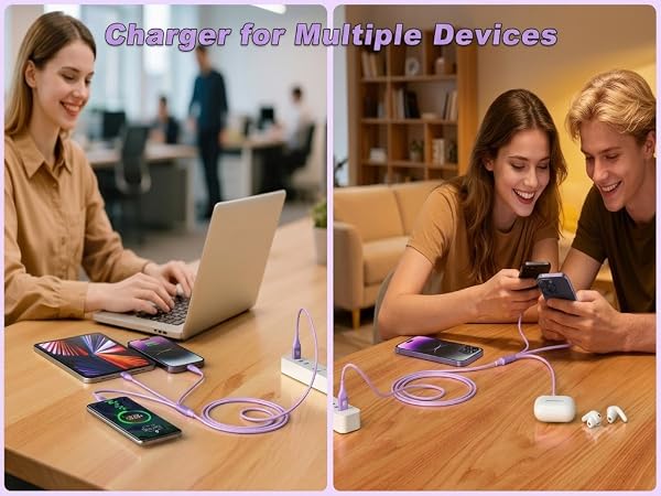 Type C Multi Charging Cable USB Charger Multiple Ports Universal Cell Phone Charger Purple for Room