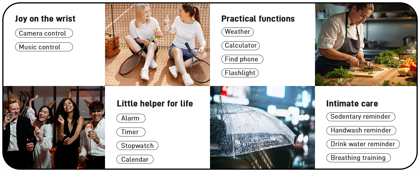 Smartwatch features infographic showing functions like remote control, music control, weather, calculator, and timer. Images depict usage scenarios including social gatherings, exercise, and cooking.