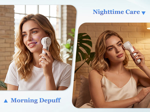Split image showing a women using facial devices for morning depuff and nighttime skincare.