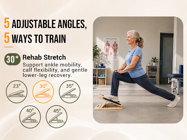 30° slant board for rehab stretch, ankle mobility, and gentle lower-leg recovery.