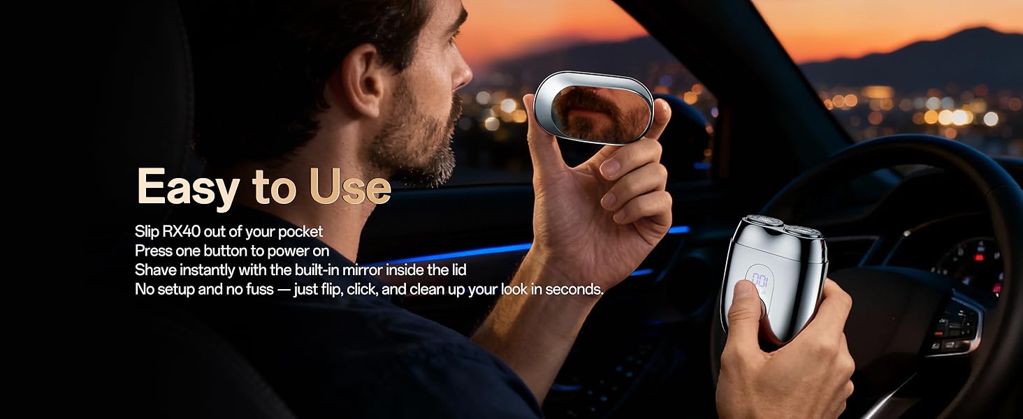 press one button to power on, and shave instantly with the built-in mirror inside the lid