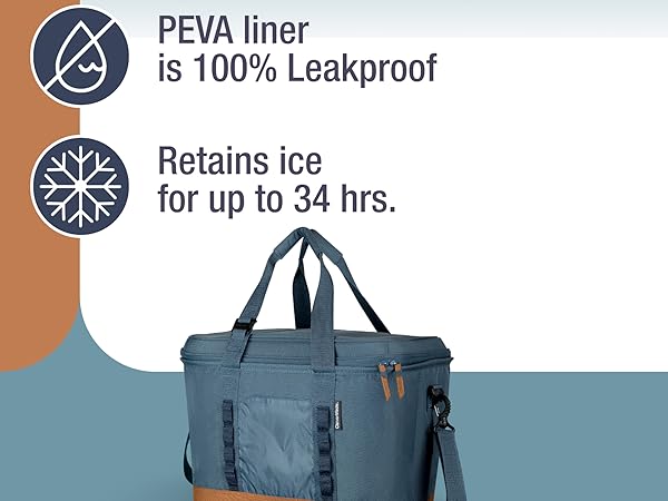 PEVA liner is one hundred percent leakproof. Retains ice for up to thrityfour hours