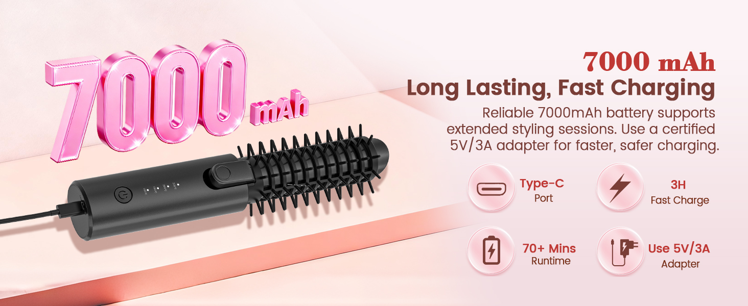 Portable Heated Round Straightener Brush Rechargeable