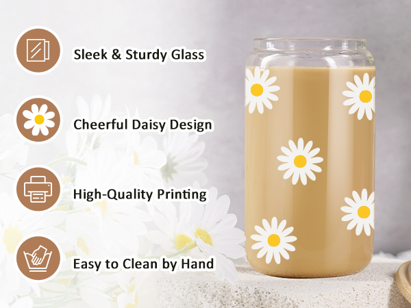 glass cup with straw, aesthetic cups, daisy gifts, cute coffee cups, mothers day glass cup for mom