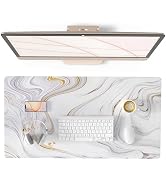 QIYI White Mouse Pad, Cute Marble Large Desk Mat, PU Leather Desk Protector Mousepad, Gold Grey S...