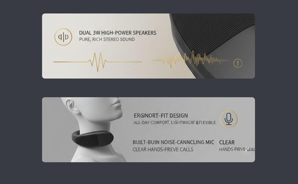 Text reads 'DUAL 28 HIGH POWER SPEAKERS' and 'ERGONOMIC ATX DESIGN'. Product interface panel showing sound wave visualization on gray background.