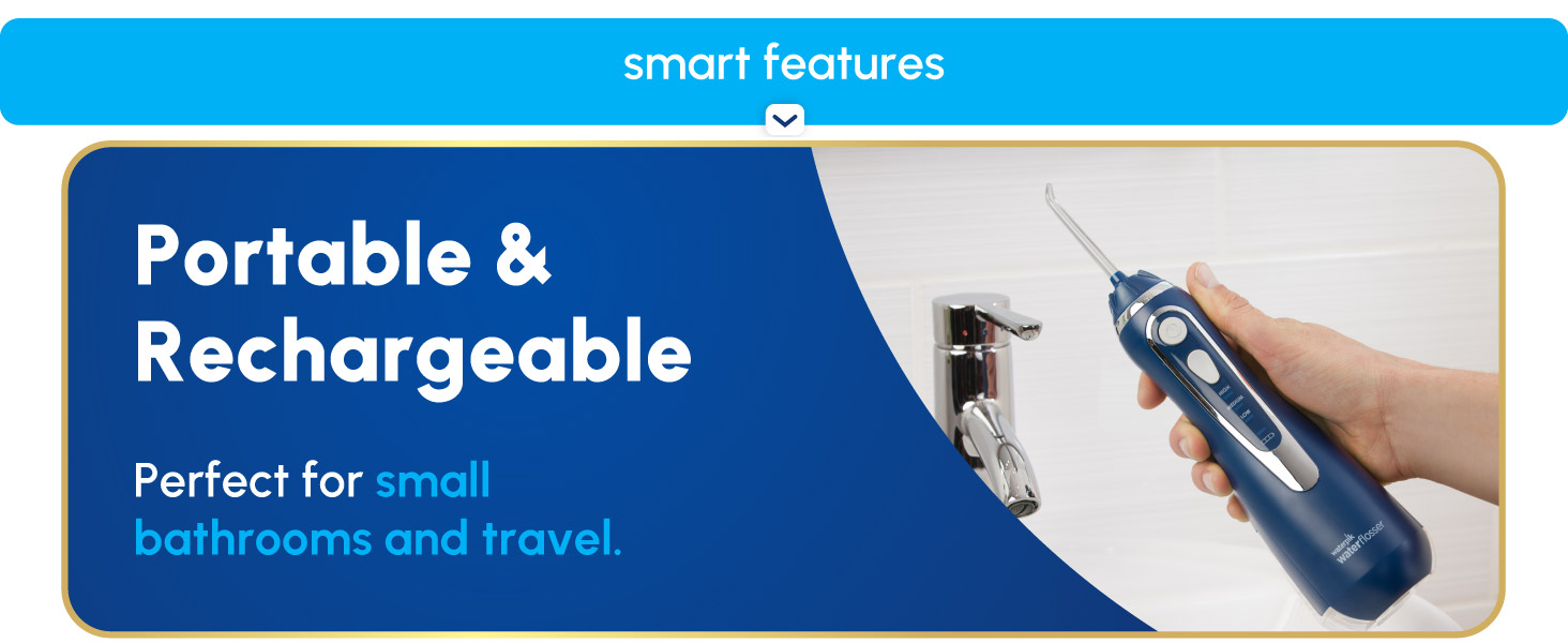 IImage of Waterpik Cordless Advanced water flosser with text reading portable & rechargeable.