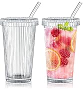 Joeyan Glass Tumbler with Lid and Straw,Clear Ribbed Iced Coffee Cup,Vintage Drinking Jar Glasses...
