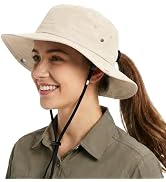 Womens Sun Hat with Hidden Ponytail Opening Wide Brim UPF50+ Waterproof Bucket Rain Hat with Remo...