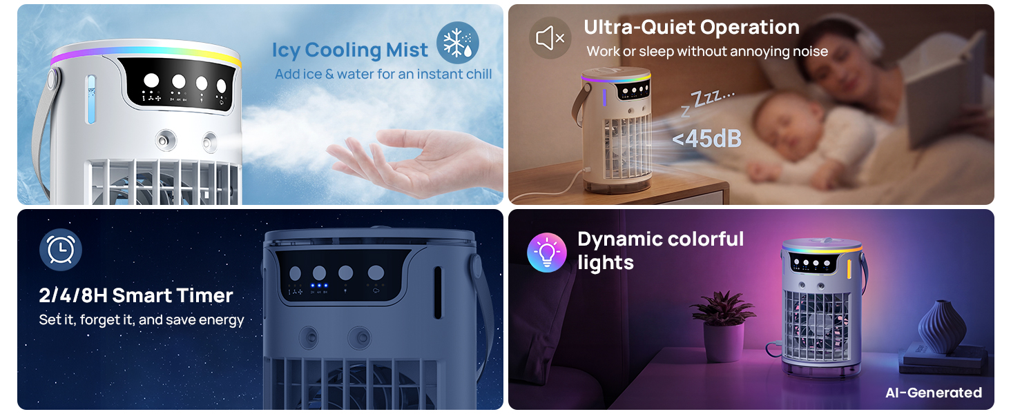 quiet personal air coolers with icy cooling mist, sleep timer and night lights