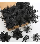 Black Poinsettias Artificial Christmas Flowers, 28 Pack Artificial Christmas Flowers and Berry St...