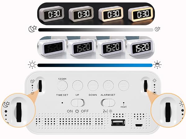 dual dial stepless dimmer alarm clock rotary wheel brightness control 10-100 percent nightlight