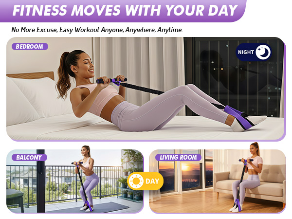 using a multifunction elastic yoga resistance band to workout in bedroom, balcony, and living room.