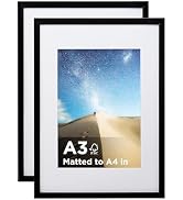 KINLINK A3 Picture Frame Black Set of 2, Wooden Photo Frames Matted A4 with Plexiglass for A4 wit...