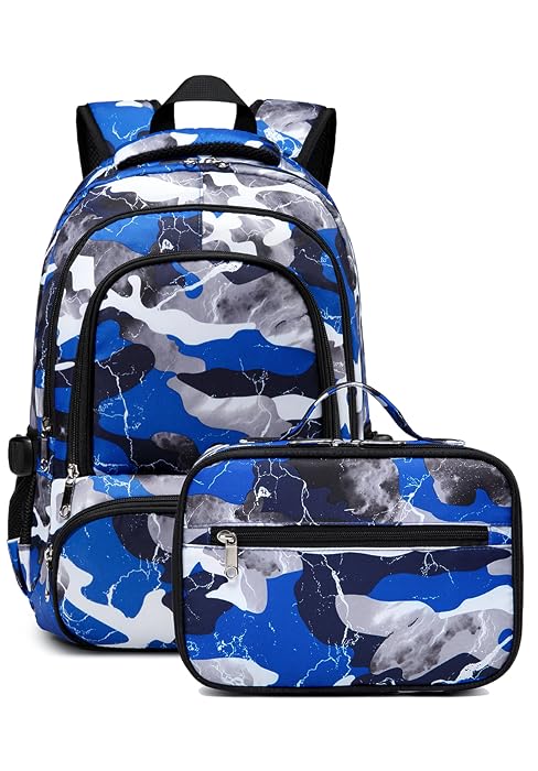 blue backpack with lunch box