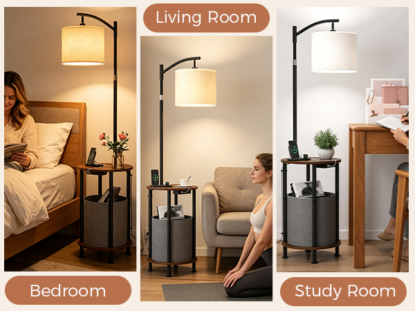 Standing lamp with side table and storage basket for bedroom, living room, and study use.