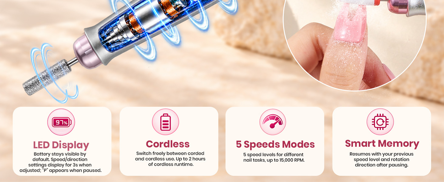 Beetles Cordless Nail Drill, 7 Bits Electric Nail File 5 Speeds LED Display,Rechargeable Nail Drill