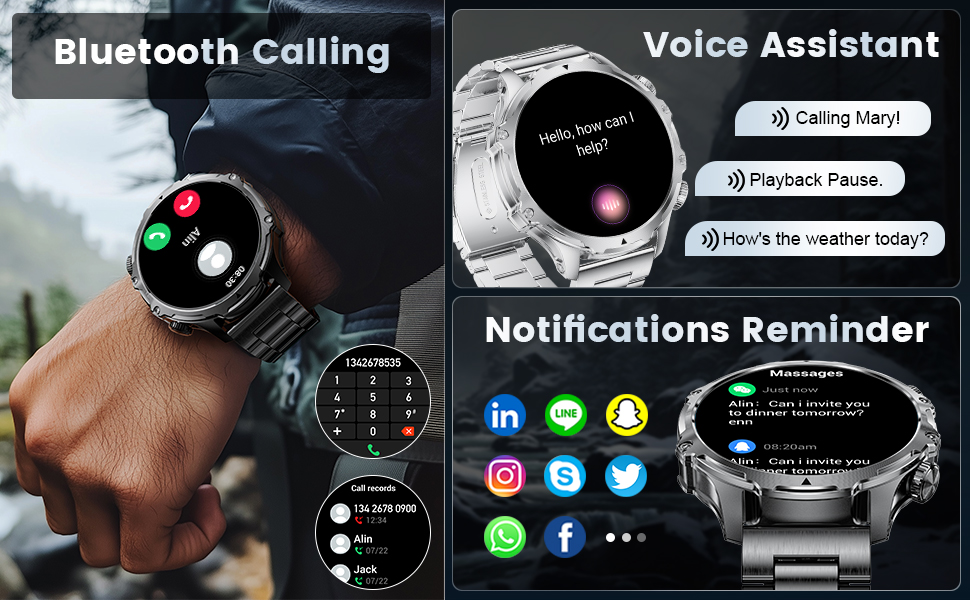 Text shows 'Bluetooth Calling', 'Voice Assistant', 'Notifications Reminder'. Smartwatch interface displays showing multiple features including social media icons and calling capabilities.