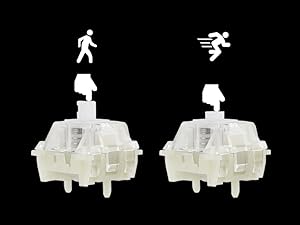 Two transparent mechanical keyboard switches with white stems. Above each switch are icons: a walking figure on the left, a running figure on the right.