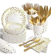 AIRE 175PCS White and Gold Paper Plates Party Supplies for 25 Guests Disposable Party Decorations...