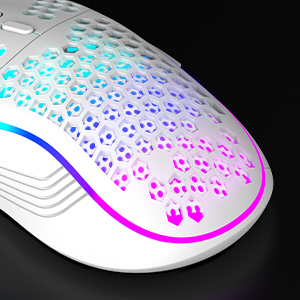 White wireless gaming mouse with honeycomb pattern design featuring RGB lighting that transitions from blue to purple to pink across the surface.