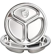 Hacaroa 4 Pack Stainless Steel Round Divided Plates, 9.5 Inch Dinner Snack Plates with 3 Compartm...