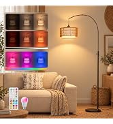 VARICART Boho Rattan Arc Floor Lamp, 71" RGB Color Changing, 3-in-1 Shade | Magnetic remote, ratt...