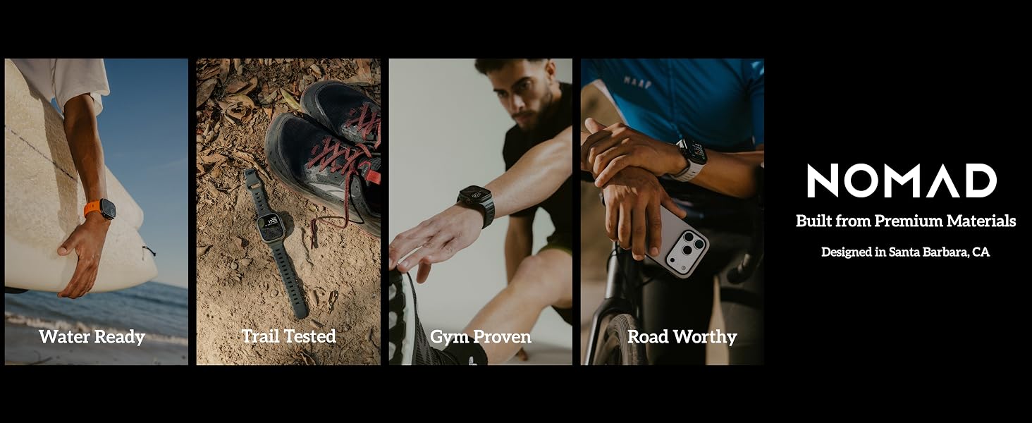 Nomad Apple Watch bands worn across water, trail, gym, and road activities, emphasizing durability.