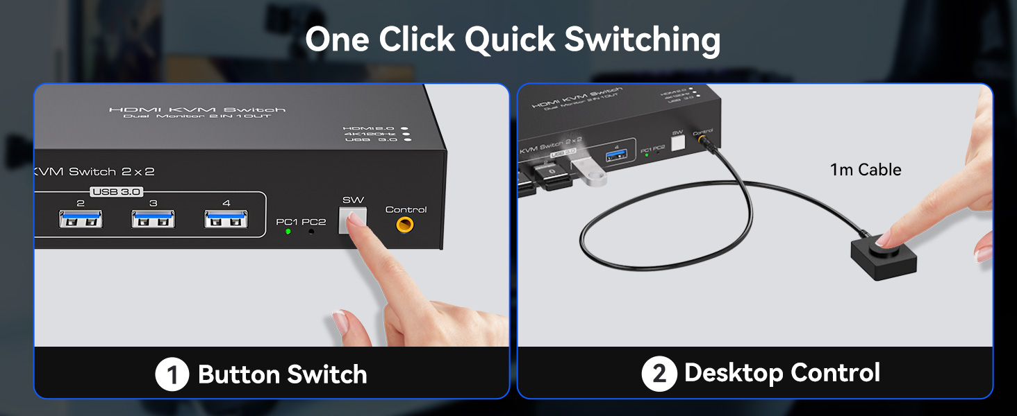 KVM switch interface demonstration showing button switch and desktop control options with USB ports.