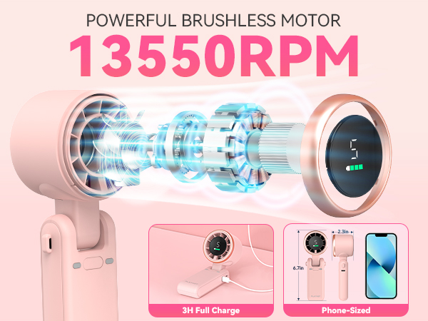 Powerful small fan brushless motor phone sized portable fan for travel compact pink travel fans